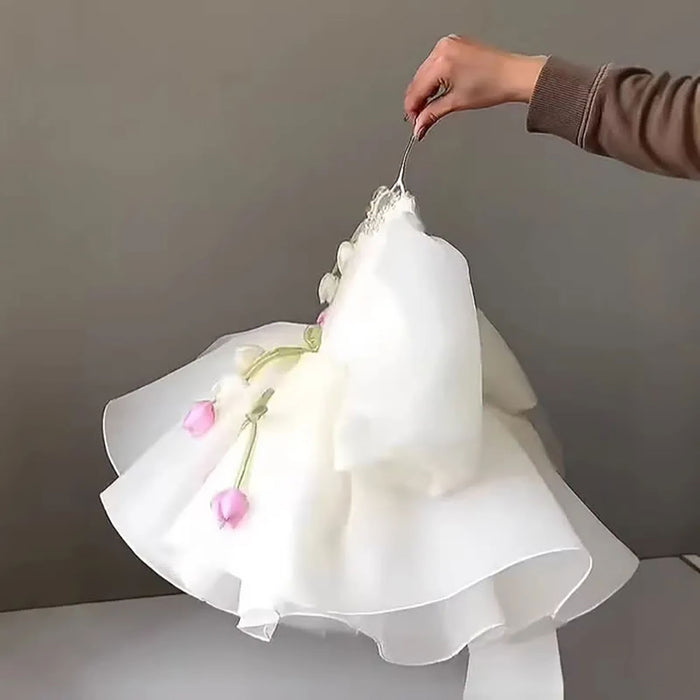 Sweet White Flower Girl Dress with 3D Tulip Flowers Elegant Puff Sleeve Organza Birthday Party Gown D281
