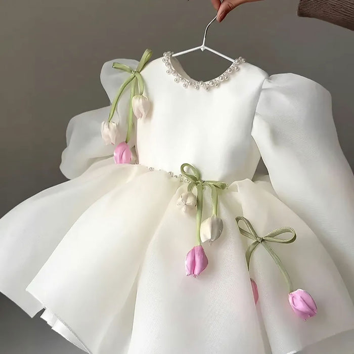 Sweet White Flower Girl Dress with 3D Tulip Flowers Elegant Puff Sleeve Organza Birthday Party Gown D281