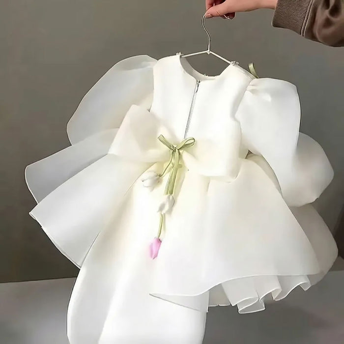 Sweet White Flower Girl Dress with 3D Tulip Flowers Elegant Puff Sleeve Organza Birthday Party Gown D281