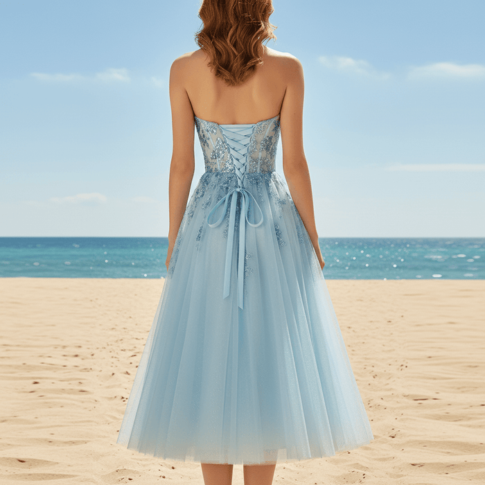 Sweetheart Neck Mid Calf Beach Cocktail with Sheer Bodice - Rosymae