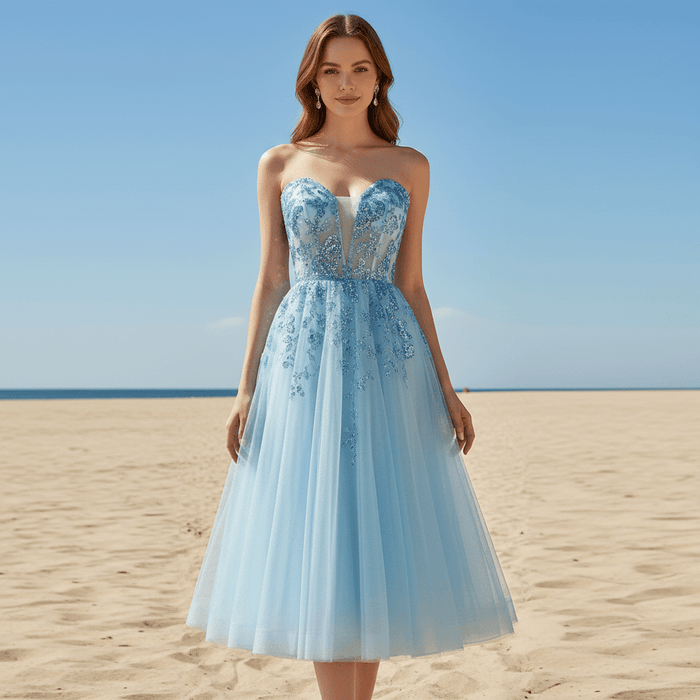 Sweetheart Neck Mid Calf Beach Cocktail with Sheer Bodice - Rosymae