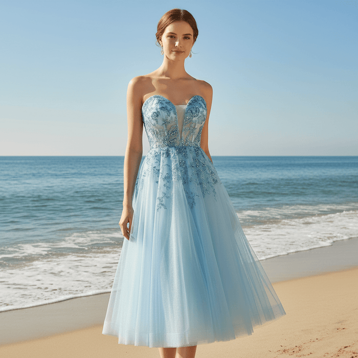Sweetheart Neck Mid Calf Beach Cocktail with Sheer Bodice - Rosymae