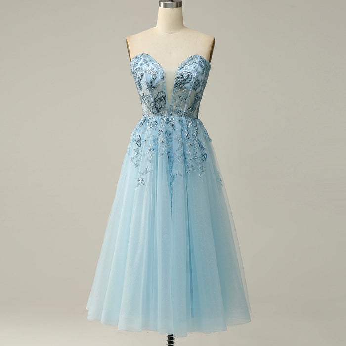 Sweetheart Neck Mid Calf Beach Cocktail with Sheer Bodice - Rosymae