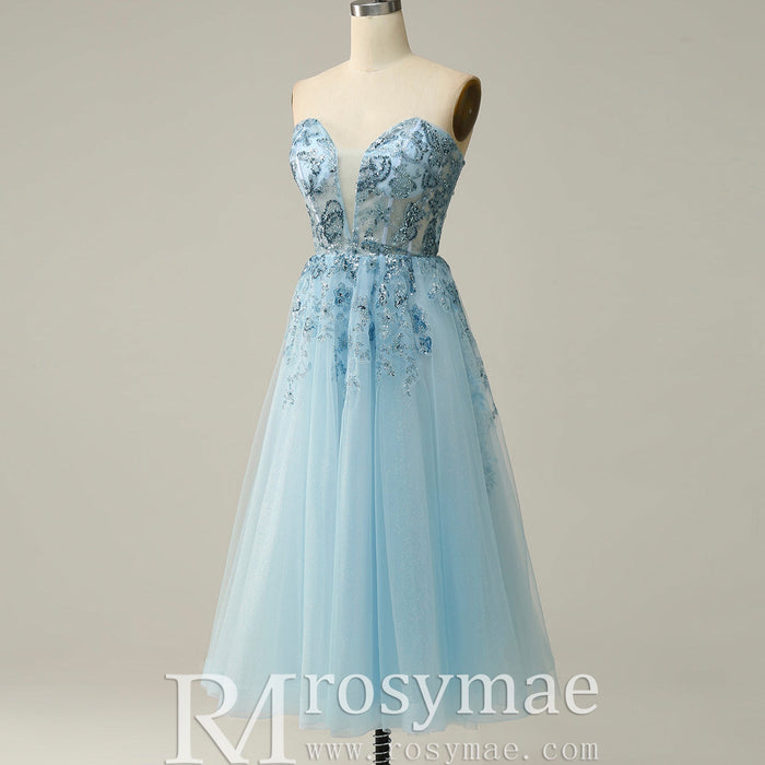 Sweetheart Neck Mid Calf Beach Cocktail with Sheer Bodice - Rosymae
