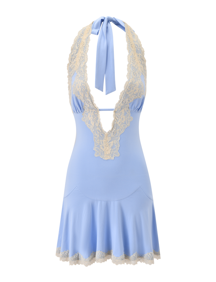 The TALIYAH MINI DRESS by TIGERMIST features a cornflower blue halter silhouette with a deep V neckline, elegantly accented with delicate cream lace trim along the neckline and hem, and is finished with a matching blue neck tie.
