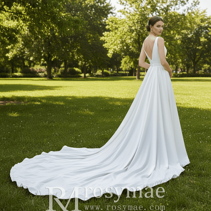 Tank Top Simple Satin A-line Wedding Dress with Vneck - Rosymae
