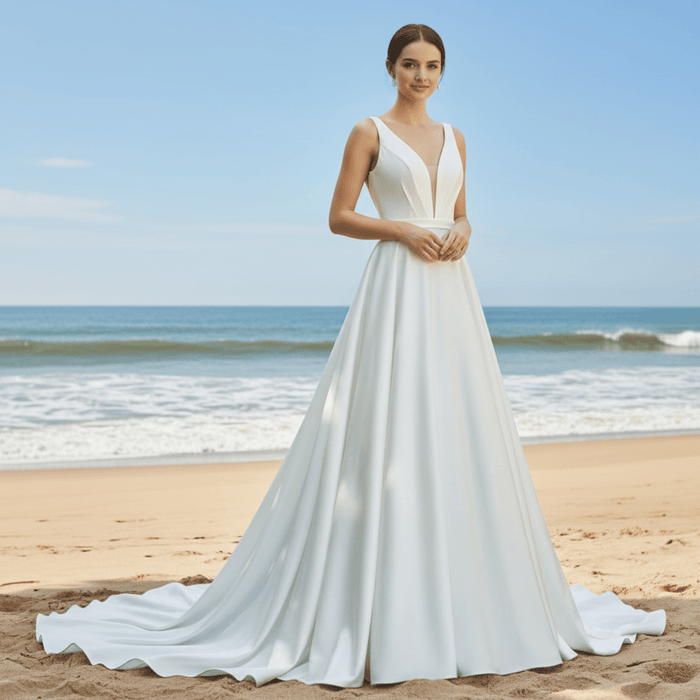 Tank Top Simple Satin A-line Wedding Dress with Vneck - Rosymae