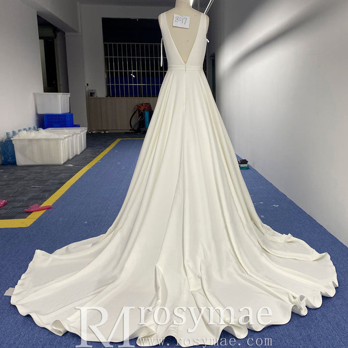 Tank Top Simple Satin A-line Wedding Dress with Vneck - Rosymae