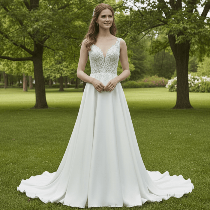 Tank Top Vneck Satin Lace A-line Wedding Dress with Sheer Bodice - Rosymae