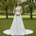 Tank Top Vneck Satin Lace A-line Wedding Dress with Sheer Bodice - Rosymae