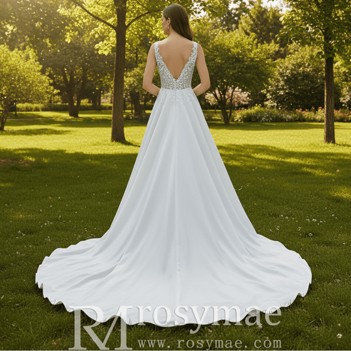 Tank Top Vneck Satin Lace A-line Wedding Dress with Sheer Bodice - Rosymae