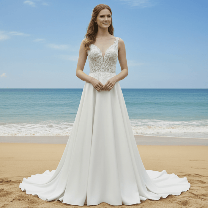 Tank Top Vneck Satin Lace A-line Wedding Dress with Sheer Bodice - Rosymae