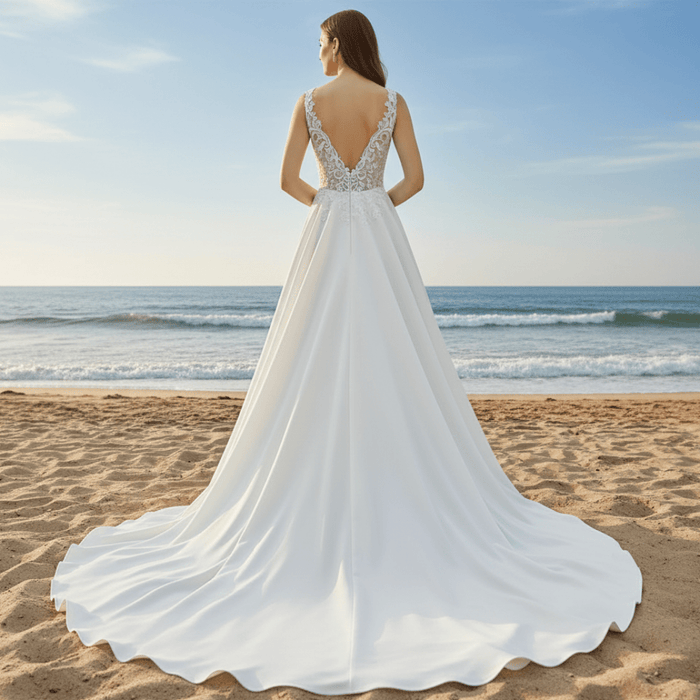 Tank Top Vneck Satin Lace A-line Wedding Dress with Sheer Bodice - Rosymae