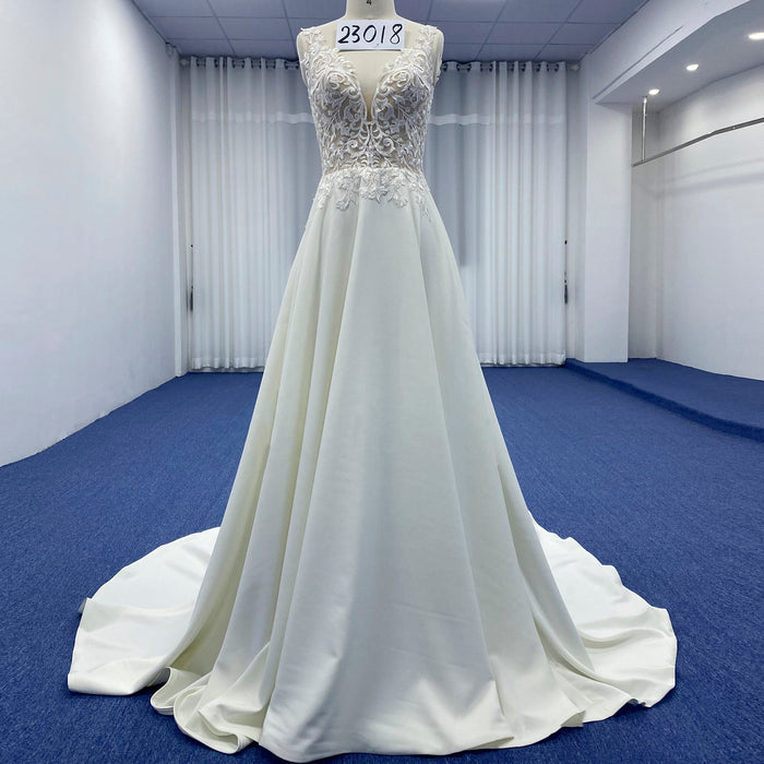 Tank Top Vneck Satin Lace A-line Wedding Dress with Sheer Bodice - Rosymae
