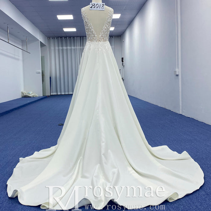 Tank Top Vneck Satin Lace A-line Wedding Dress with Sheer Bodice - Rosymae