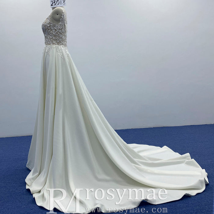 Tank Top Vneck Satin Lace A-line Wedding Dress with Sheer Bodice - Rosymae