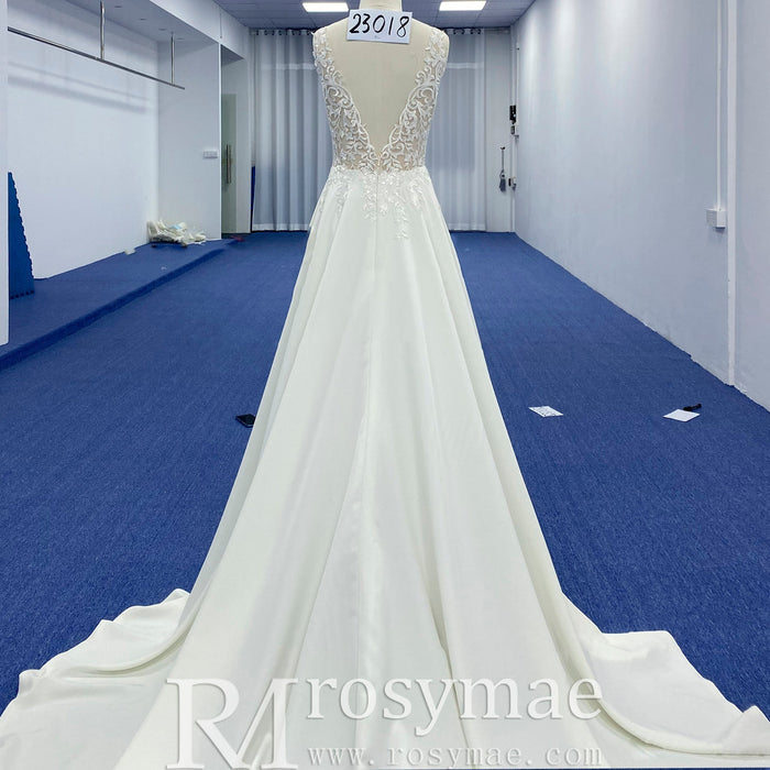 Tank Top Vneck Satin Lace A-line Wedding Dress with Sheer Bodice - Rosymae