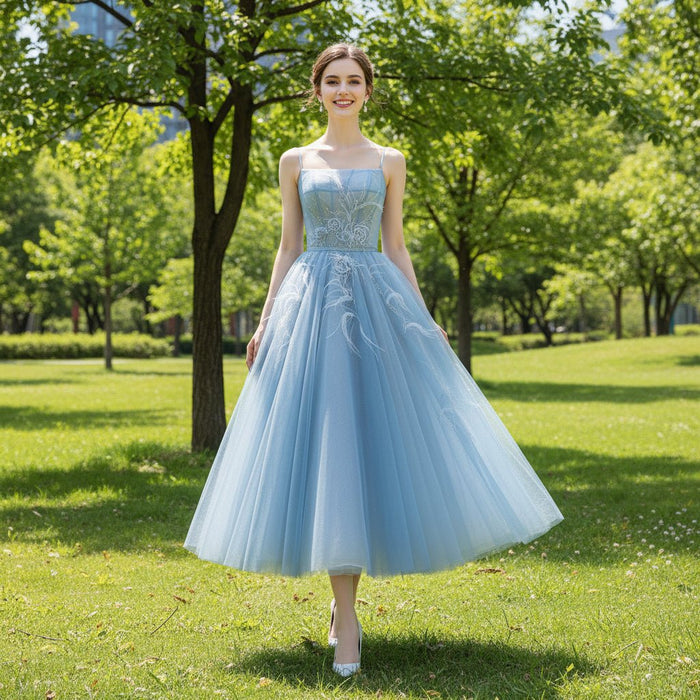 Tea Length A-line Cocktail Dress Party Gown with Spaghetti Strap - Rosymae