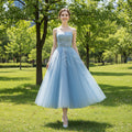 Tea Length A-line Cocktail Dress Party Gown with Spaghetti Strap - Rosymae