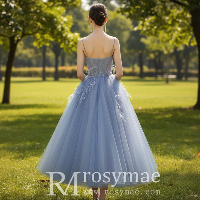 Tea Length A-line Cocktail Dress Party Gown with Spaghetti Strap - Rosymae
