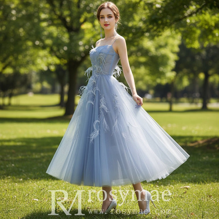 Tea Length A-line Cocktail Dress Party Gown with Spaghetti Strap - Rosymae