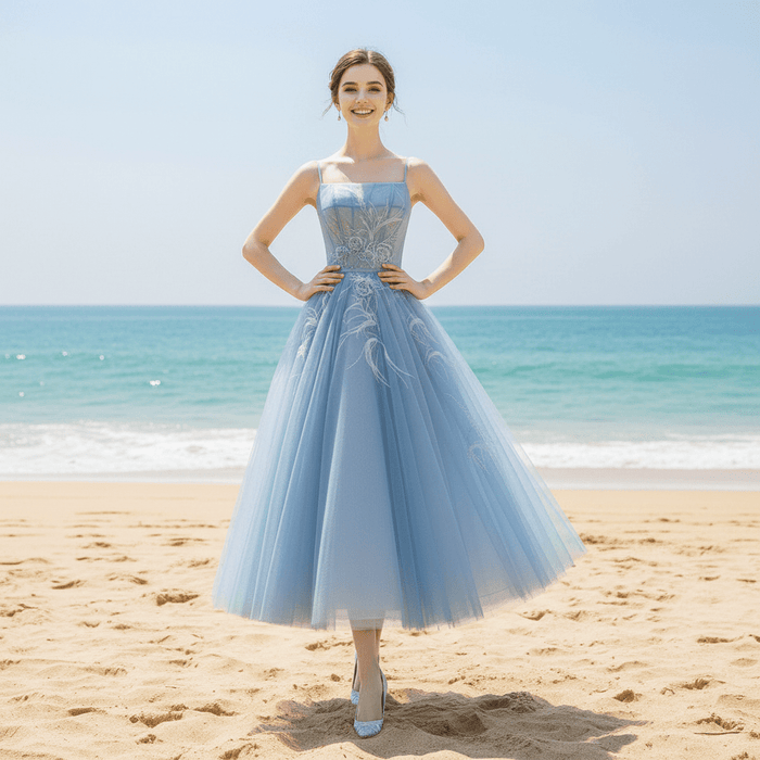 Tea Length A-line Cocktail Dress Party Gown with Spaghetti Strap - Rosymae
