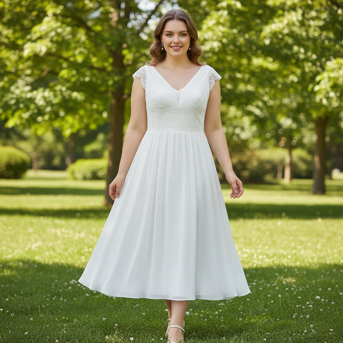 Tea Length Cap Sleeve Chiffon Plus Size Beach Wedding Dress - Rosymae