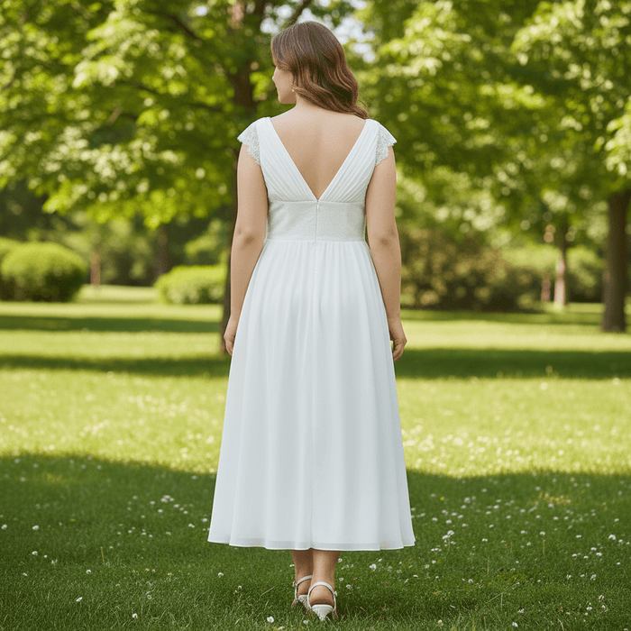 Tea Length Cap Sleeve Chiffon Plus Size Beach Wedding Dress - Rosymae