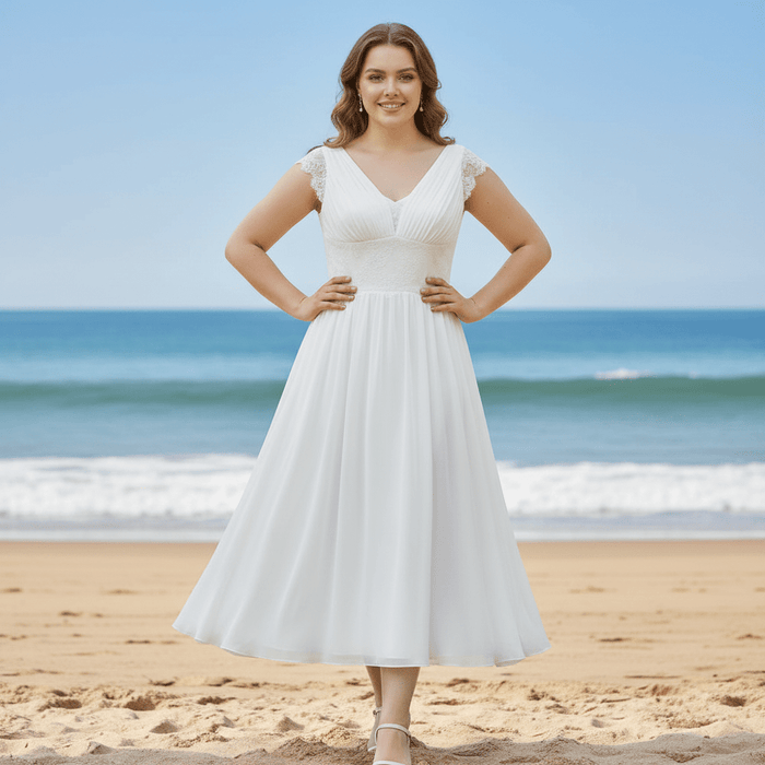 Tea Length Cap Sleeve Chiffon Plus Size Beach Wedding Dress - Rosymae