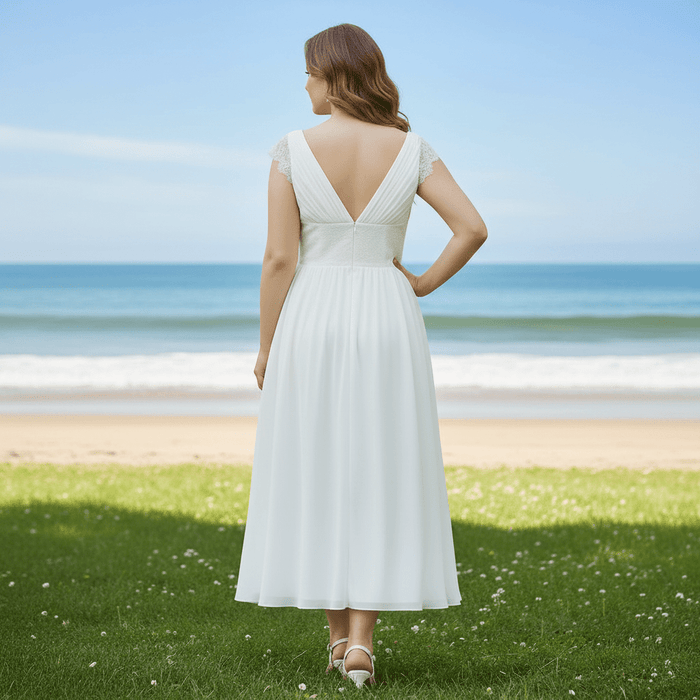 Tea Length Cap Sleeve Chiffon Plus Size Beach Wedding Dress - Rosymae