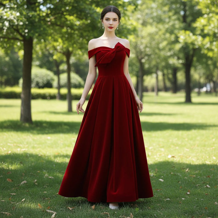 Tea Length Crimson Velvet Formal Dresses & Evening Party Gowns - Rosymae