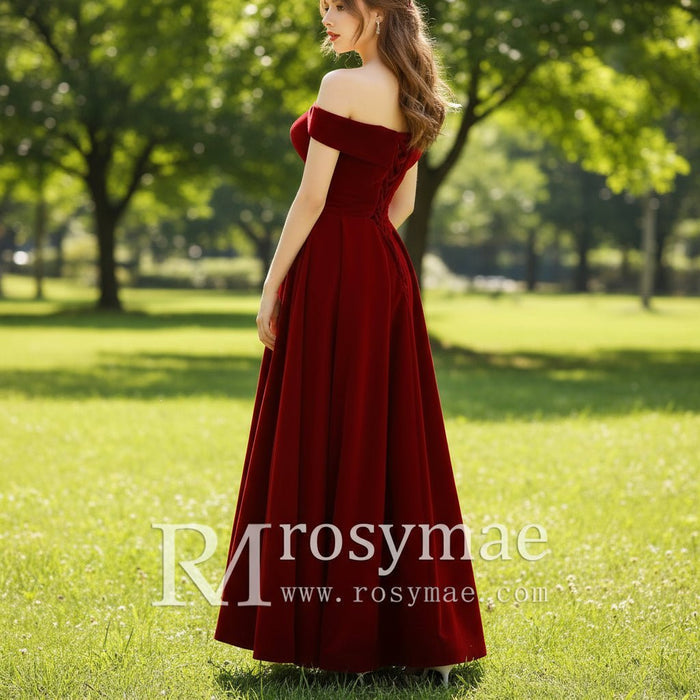 Tea Length Crimson Velvet Formal Dresses & Evening Party Gowns - Rosymae