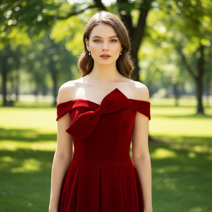 Tea Length Crimson Velvet Formal Dresses & Evening Party Gowns - Rosymae