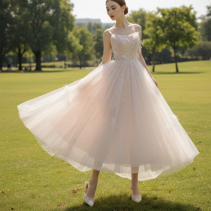 Tea Length Formal Dress Party Gown with Tank Strap and Feathers - Rosymae