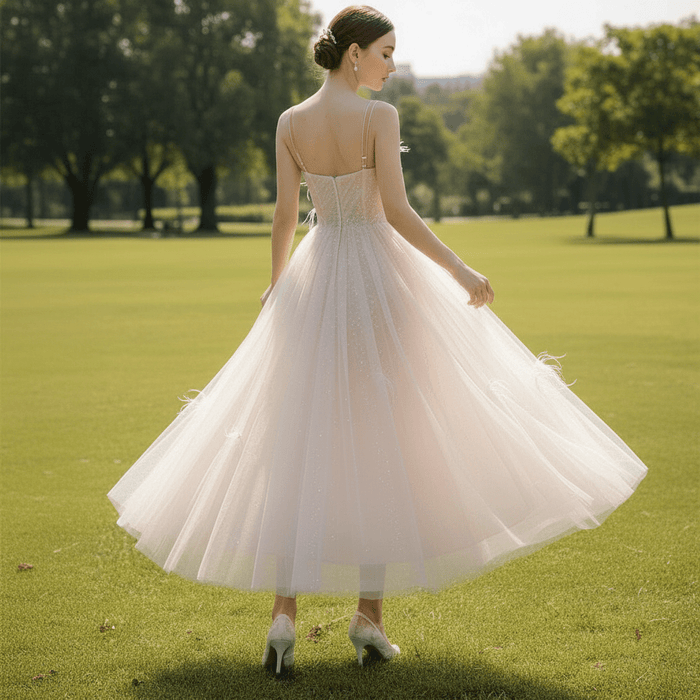 Tea Length Formal Dress Party Gown with Tank Strap and Feathers - Rosymae