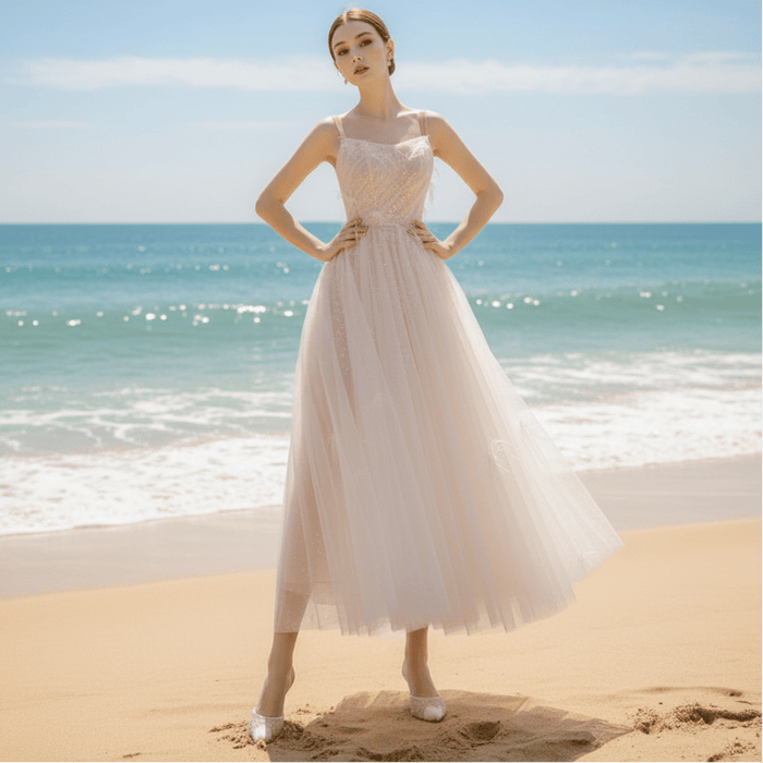 Tea Length Formal Dress Party Gown with Tank Strap and Feathers - Rosymae