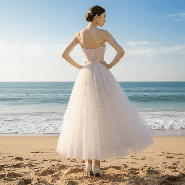 Tea Length Formal Dress Party Gown with Tank Strap and Feathers - Rosymae