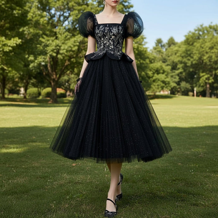 Teal Length Square Neck Black Wedding Dress with Short Sleeve - Rosymae