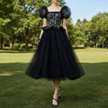 Teal Length Square Neck Black Wedding Dress with Short Sleeve - Rosymae