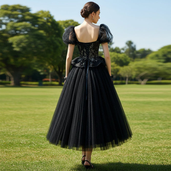 Teal Length Square Neck Black Wedding Dress with Short Sleeve - Rosymae