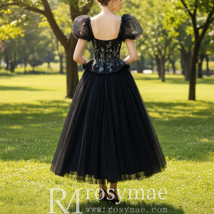 Teal Length Square Neck Black Wedding Dress with Short Sleeve - Rosymae