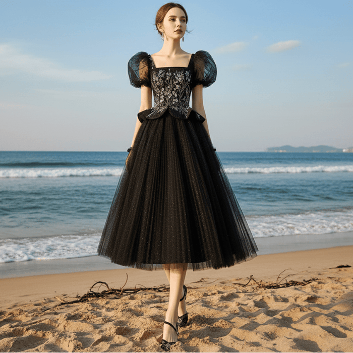 Teal Length Square Neck Black Wedding Dress with Short Sleeve - Rosymae