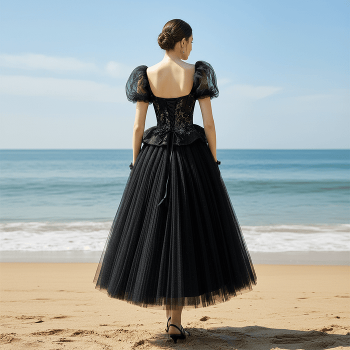 Teal Length Square Neck Black Wedding Dress with Short Sleeve - Rosymae