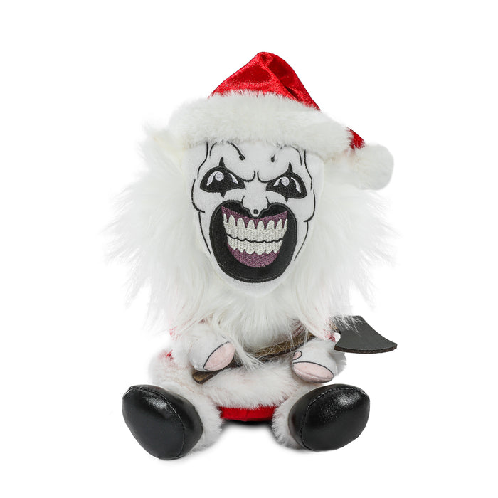 Terrifier Santa Art the Clown Phunny Plush, soft plush toy featuring a creepy clown dressed as Santa Claus, from the Terrifier brand.
