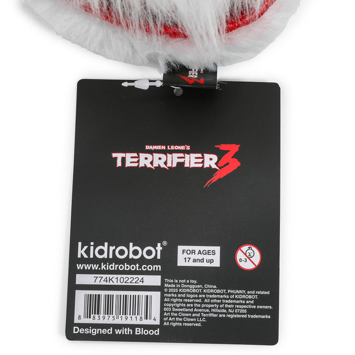 Terrifier Santa Art the Clown Phunny plush toy, soft and detailed, featuring festive clown costume and Santa hat.