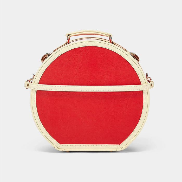 Back product view of the small hatbox Entrepreneur vegan leather suitcase in lipstick red with detachable suitcase strap