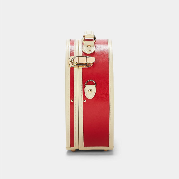 Side product view of the small hatbox Entrepreneur vegan leather suitcase in lipstick red