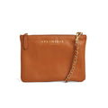 Front view of the Navigator leather crossbody in nut with gold trims and chain strap