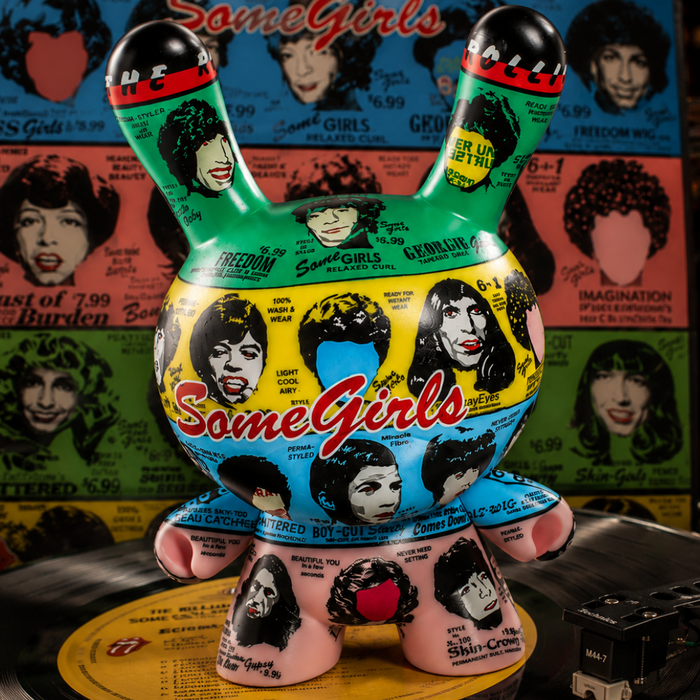 Limited edition The Rolling Stones 8-inch ICON Dunny figure featuring Some Girls album art, detailed collectible toy by Dunny.