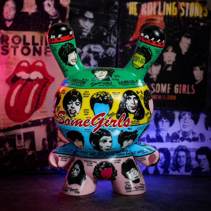 Dunny figure featuring The Rolling Stones Some Girls album art, limited edition 8-inch ICON Dunny, collectible toy with vibrant design.
